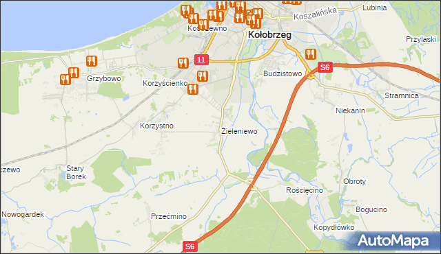 mapa Zieleniewo gmina Kołobrzeg, Zieleniewo gmina Kołobrzeg na mapie Targeo