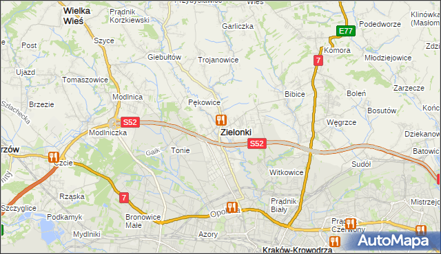 mapa Zielonki powiat krakowski, Zielonki powiat krakowski na mapie Targeo