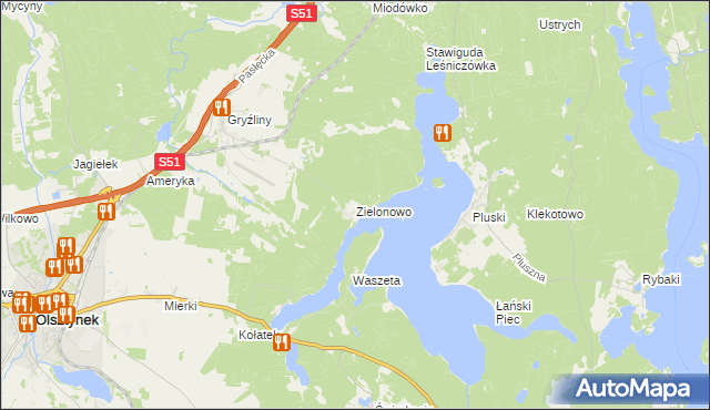 mapa Zielonowo gmina Stawiguda, Zielonowo gmina Stawiguda na mapie Targeo