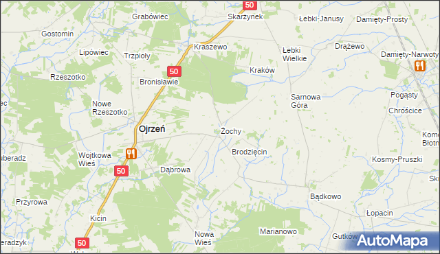 mapa Żochy gmina Ojrzeń, Żochy gmina Ojrzeń na mapie Targeo