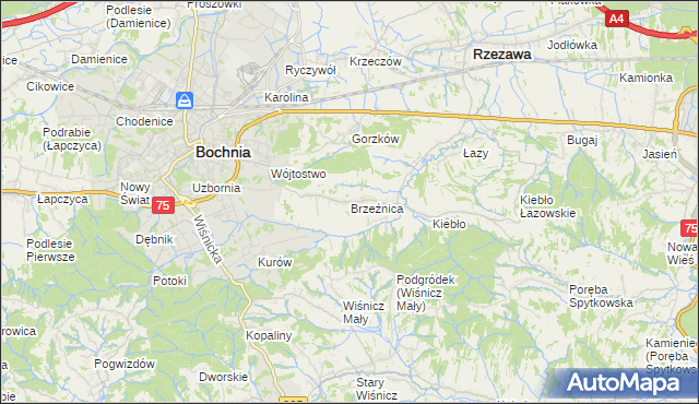 mapa Brzeźnica gmina Bochnia, Brzeźnica gmina Bochnia na mapie Targeo