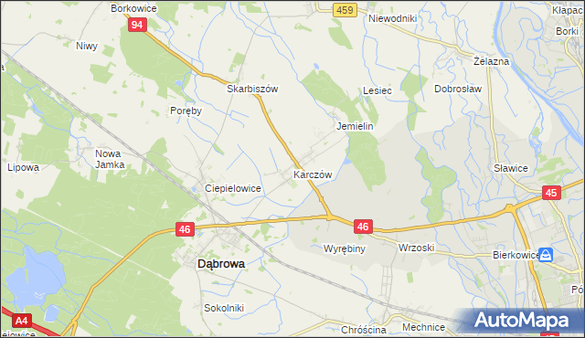 mapa Karczów gmina Dąbrowa, Karczów gmina Dąbrowa na mapie Targeo