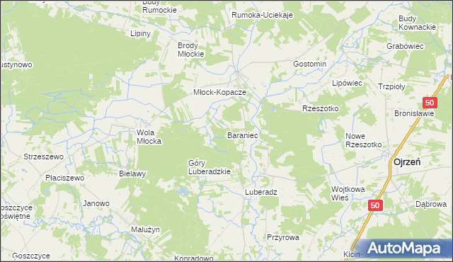 mapa Baraniec gmina Ojrzeń, Baraniec gmina Ojrzeń na mapie Targeo