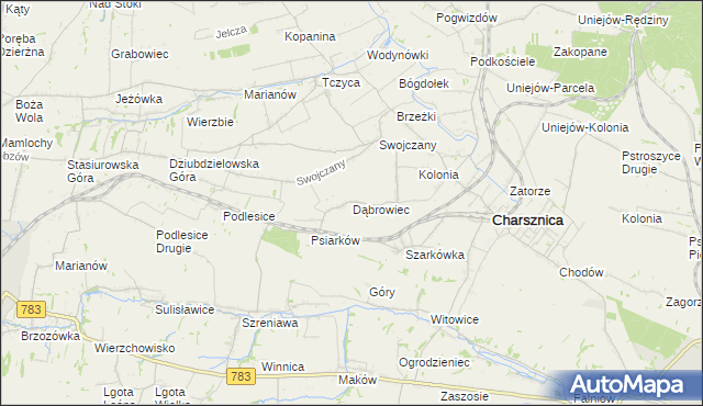 mapa Dąbrowiec gmina Charsznica, Dąbrowiec gmina Charsznica na mapie Targeo