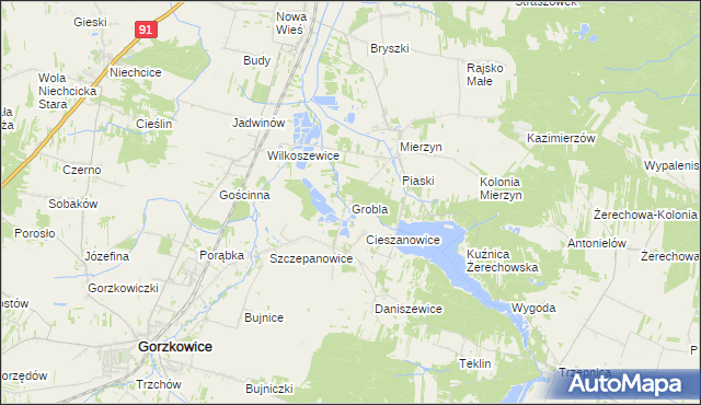 mapa Grobla gmina Rozprza, Grobla gmina Rozprza na mapie Targeo