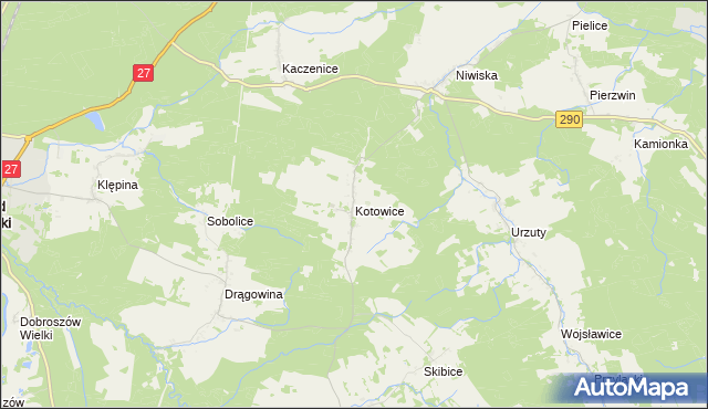 mapa Kotowice gmina Nowogród Bobrzański, Kotowice gmina Nowogród Bobrzański na mapie Targeo