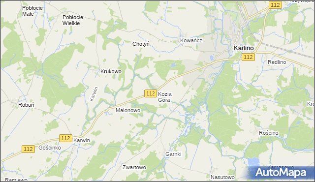 mapa Kozia Góra gmina Karlino, Kozia Góra gmina Karlino na mapie Targeo