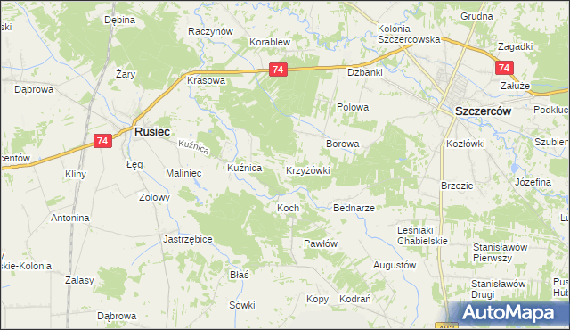 mapa Krzyżówki gmina Szczerców, Krzyżówki gmina Szczerców na mapie Targeo