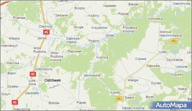 mapa Kuźnica gmina Ostrówek, Kuźnica gmina Ostrówek na mapie Targeo