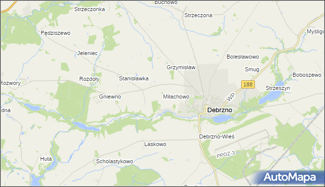 mapa Miłachowo gmina Debrzno, Miłachowo gmina Debrzno na mapie Targeo