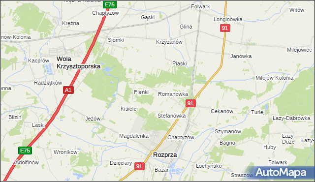 mapa Romanówka gmina Rozprza, Romanówka gmina Rozprza na mapie Targeo