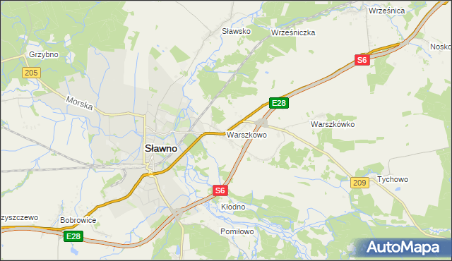 mapa Warszkowo gmina Sławno, Warszkowo gmina Sławno na mapie Targeo