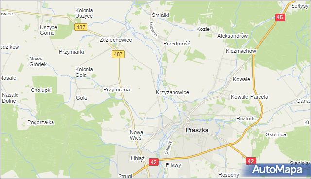 mapa Krzyżanowice gmina Gorzów Śląski, Krzyżanowice gmina Gorzów Śląski na mapie Targeo