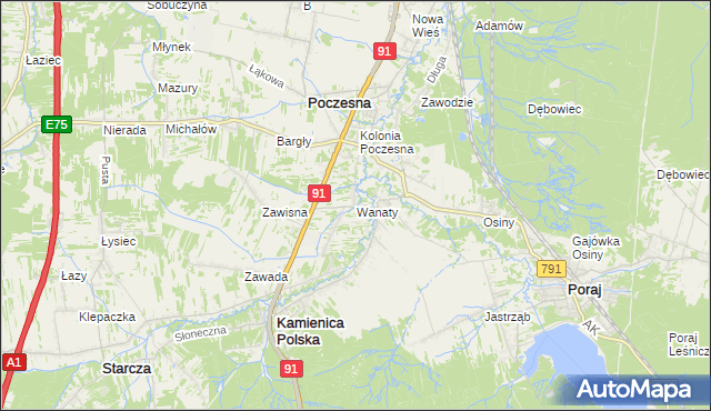 mapa Wanaty gmina Kamienica Polska, Wanaty gmina Kamienica Polska na mapie Targeo