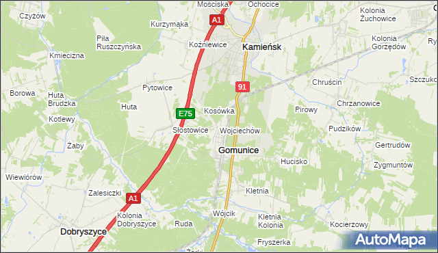 mapa Wojciechów gmina Gomunice, Wojciechów gmina Gomunice na mapie Targeo