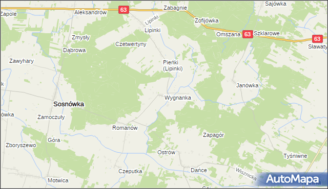 mapa Wygnanka gmina Sosnówka, Wygnanka gmina Sosnówka na mapie Targeo