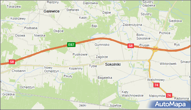 mapa Zagórze gmina Sokolniki, Zagórze gmina Sokolniki na mapie Targeo