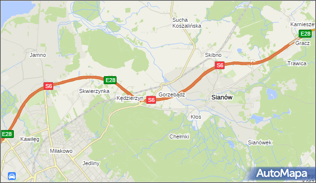 mapa Gorzebądz gmina Sianów, Gorzebądz gmina Sianów na mapie Targeo