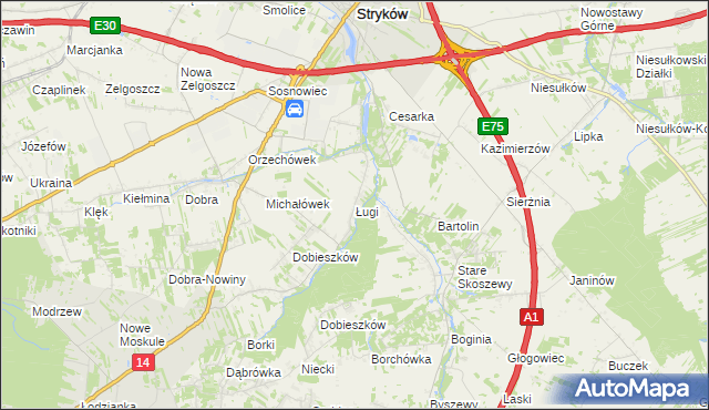 mapa Ługi gmina Stryków, Ługi gmina Stryków na mapie Targeo