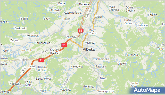 mapa Milówka powiat żywiecki, Milówka powiat żywiecki na mapie Targeo