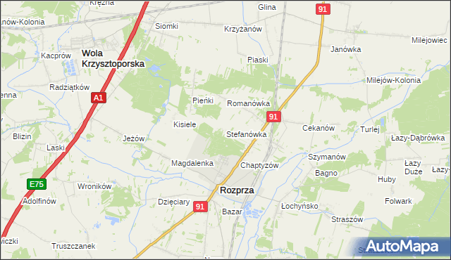 mapa Stefanówka gmina Rozprza, Stefanówka gmina Rozprza na mapie Targeo