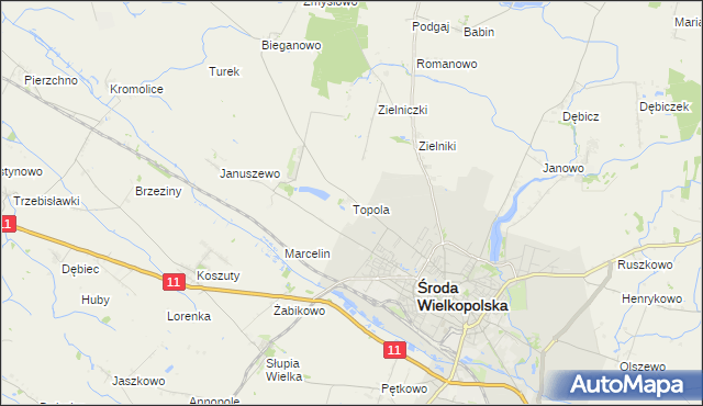 mapa Topola gmina Środa Wielkopolska, Topola gmina Środa Wielkopolska na mapie Targeo