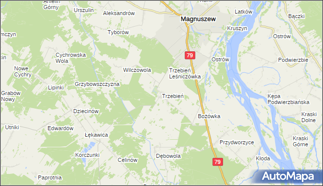 mapa Trzebień gmina Magnuszew, Trzebień gmina Magnuszew na mapie Targeo