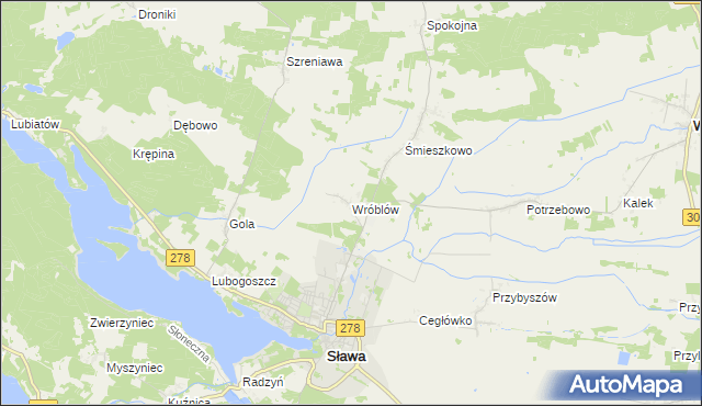 mapa Wróblów gmina Sława, Wróblów gmina Sława na mapie Targeo