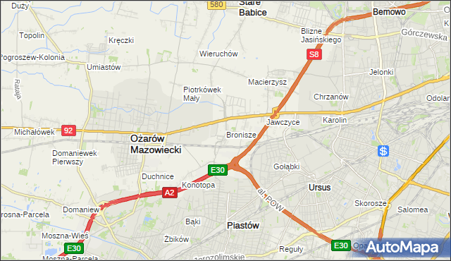 mapa Bronisze gmina Ożarów Mazowiecki, Bronisze gmina Ożarów Mazowiecki na mapie Targeo