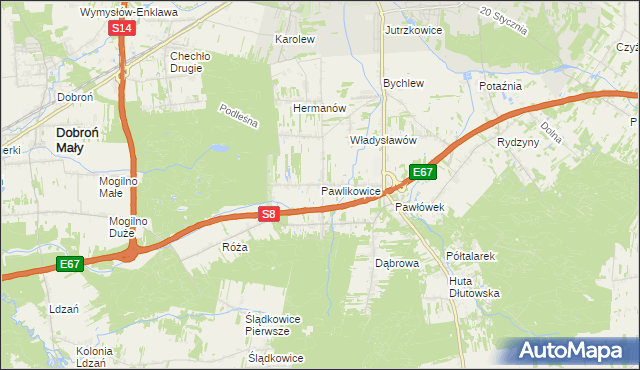 mapa Pawlikowice gmina Pabianice, Pawlikowice gmina Pabianice na mapie Targeo