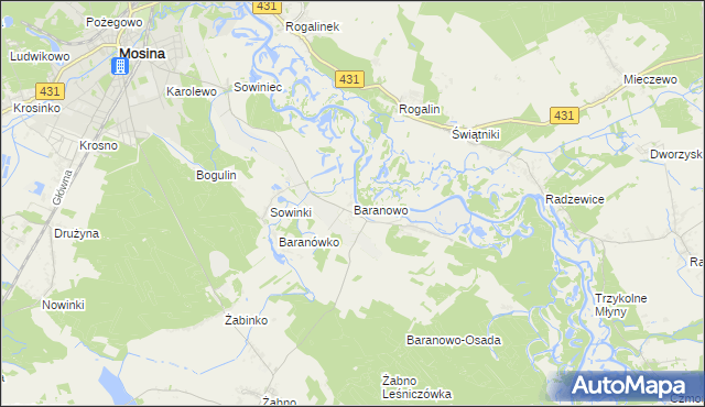 mapa Baranowo gmina Mosina, Baranowo gmina Mosina na mapie Targeo