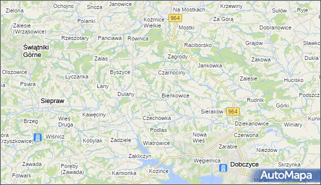 mapa Bieńkowice gmina Dobczyce, Bieńkowice gmina Dobczyce na mapie Targeo