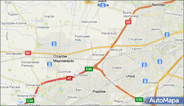 mapa Bronisze gmina Ożarów Mazowiecki, Bronisze gmina Ożarów Mazowiecki na mapie Targeo