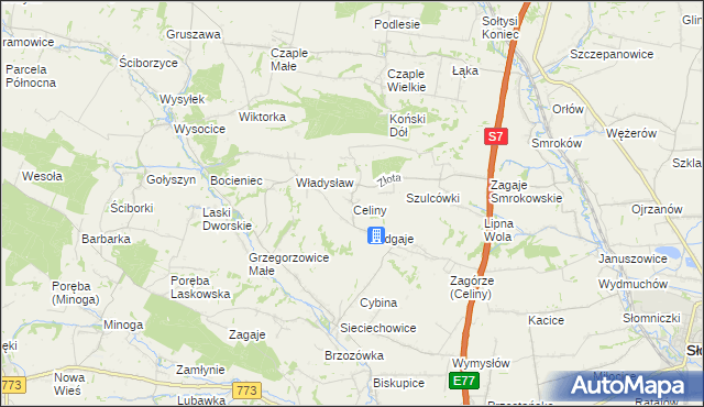 mapa Celiny gmina Iwanowice, Celiny gmina Iwanowice na mapie Targeo