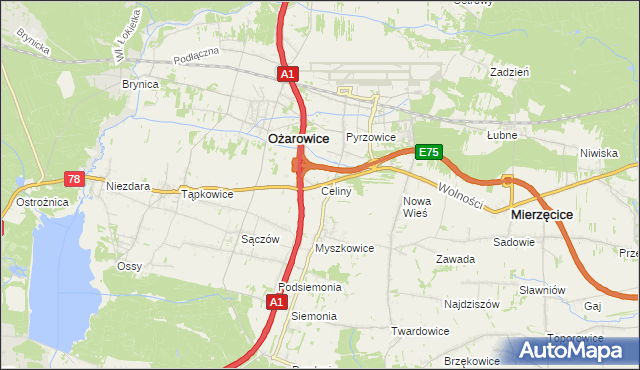 mapa Celiny gmina Ożarowice, Celiny gmina Ożarowice na mapie Targeo