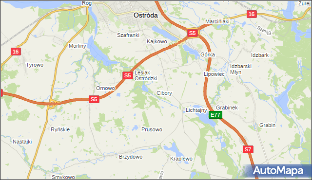 mapa Cibory gmina Ostróda, Cibory gmina Ostróda na mapie Targeo