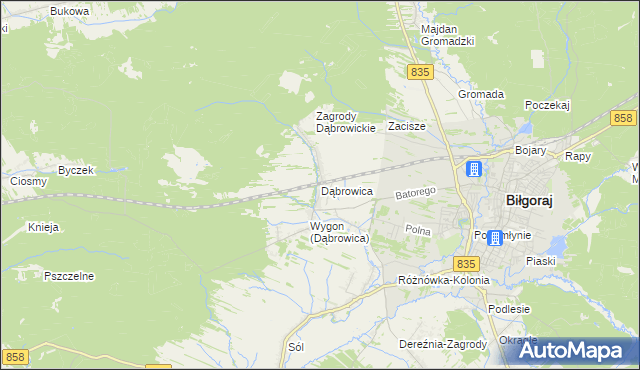 mapa Dąbrowica gmina Biłgoraj, Dąbrowica gmina Biłgoraj na mapie Targeo