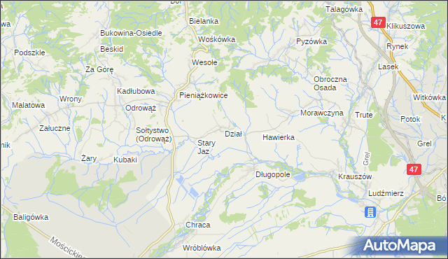 mapa Dział gmina Czarny Dunajec, Dział gmina Czarny Dunajec na mapie Targeo