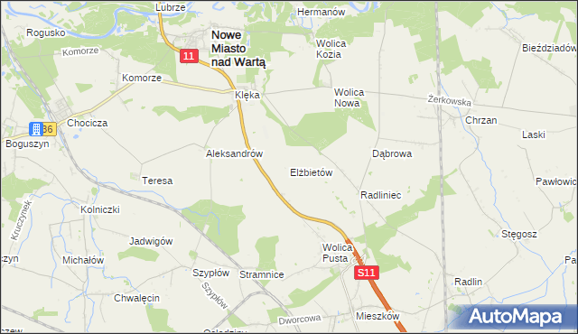 mapa Elżbietów gmina Nowe Miasto nad Wartą, Elżbietów gmina Nowe Miasto nad Wartą na mapie Targeo