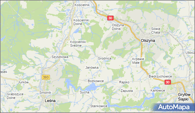 mapa Grodnica gmina Olszyna, Grodnica gmina Olszyna na mapie Targeo