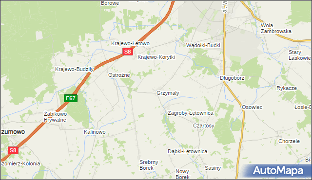 mapa Grzymały gmina Zambrów, Grzymały gmina Zambrów na mapie Targeo