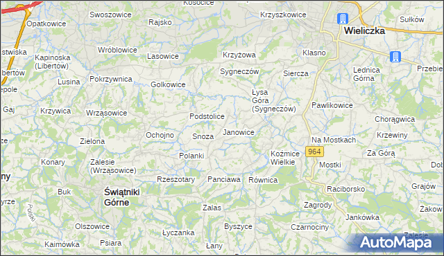 mapa Janowice gmina Wieliczka, Janowice gmina Wieliczka na mapie Targeo