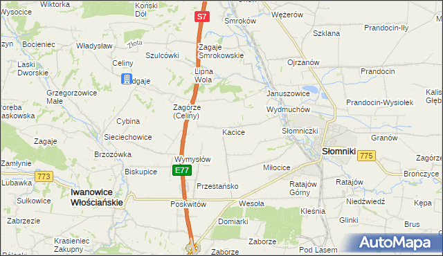 mapa Kacice gmina Słomniki, Kacice gmina Słomniki na mapie Targeo