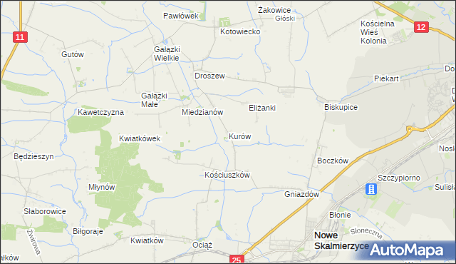 mapa Kurów gmina Nowe Skalmierzyce, Kurów gmina Nowe Skalmierzyce na mapie Targeo