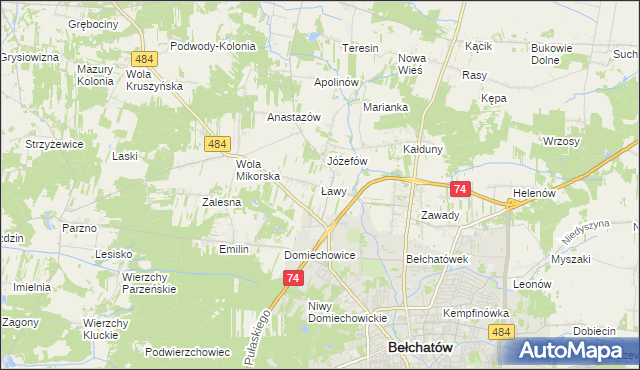 mapa Ławy gmina Bełchatów, Ławy gmina Bełchatów na mapie Targeo