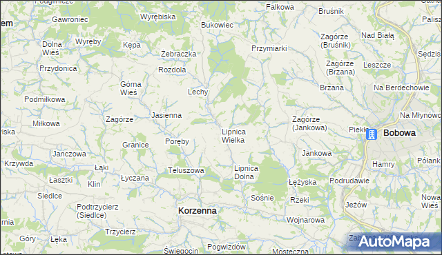 mapa Lipnica Wielka gmina Korzenna, Lipnica Wielka gmina Korzenna na mapie Targeo