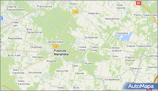 mapa Nowa Huta gmina Puszcza Mariańska, Nowa Huta gmina Puszcza Mariańska na mapie Targeo