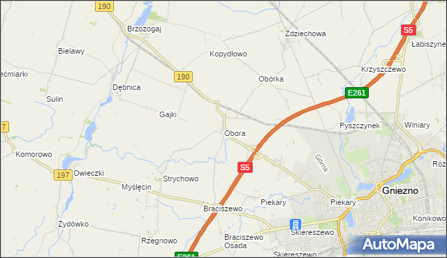 mapa Obora gmina Gniezno, Obora gmina Gniezno na mapie Targeo