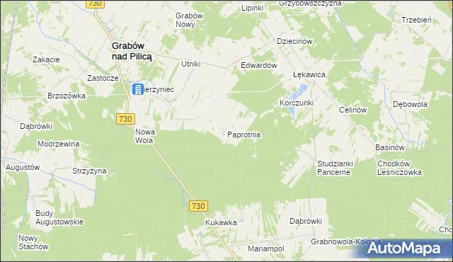 mapa Paprotnia gmina Grabów nad Pilicą, Paprotnia gmina Grabów nad Pilicą na mapie Targeo