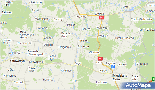 mapa Porzecze gmina Miedziana Góra, Porzecze gmina Miedziana Góra na mapie Targeo